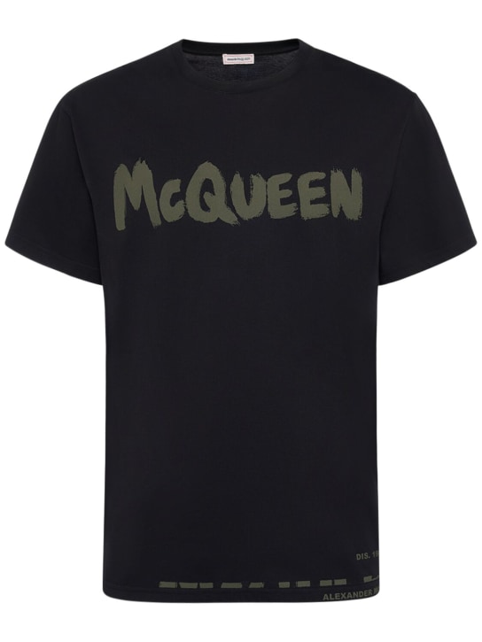 Alexander McQueen: T-Shirt aus Baumwolle mit Logo - Schwarz/Khaki - men_0 | Luisa Via Roma