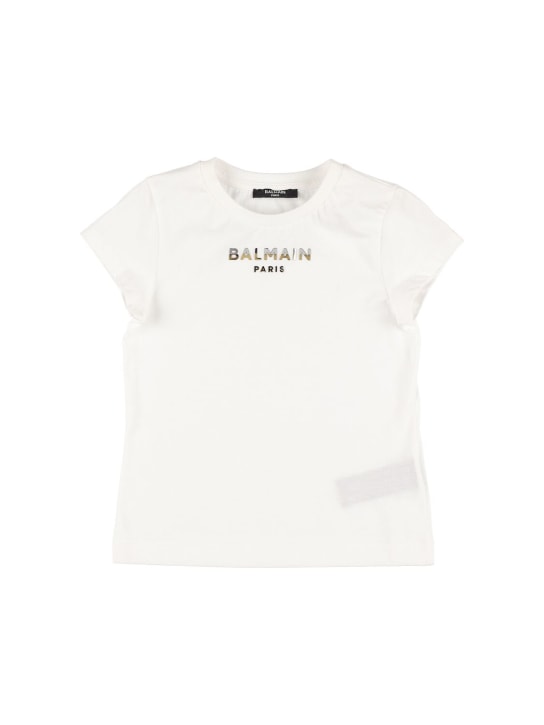 Balmain: Camiseta de jersey de algodón orgánico - Blanco - kids-girls_0 | Luisa Via Roma
