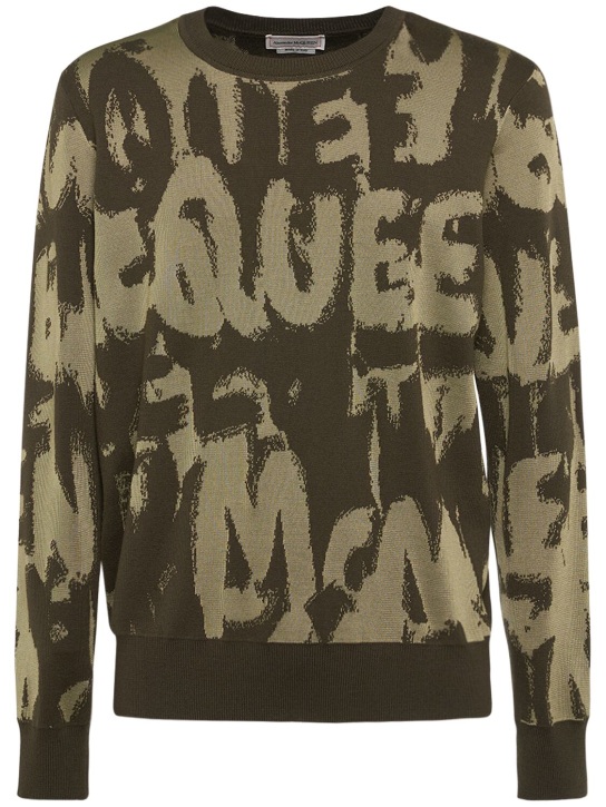 Alexander McQueen: All over logo wool blend sweater - Khaki/Green - men_0 | Luisa Via Roma