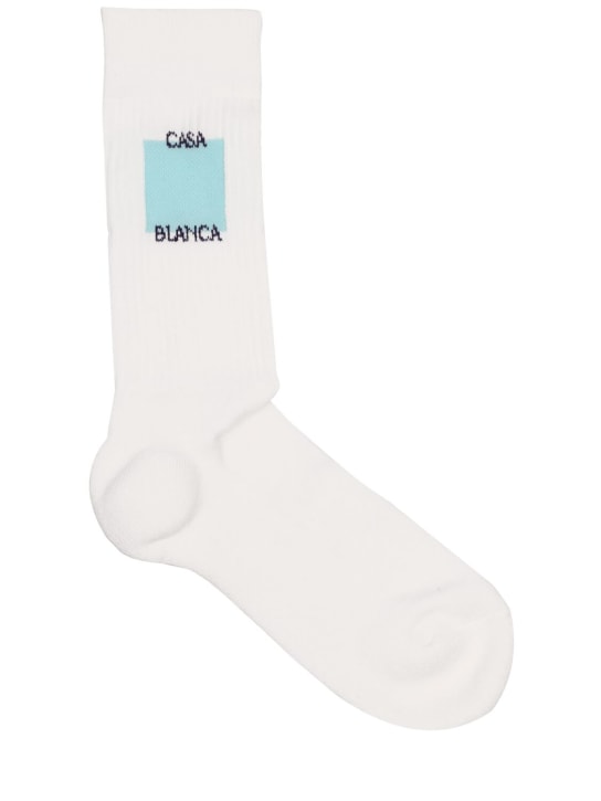 Casablanca: Logo ribbed cotton blend socks - White - men_0 | Luisa Via Roma