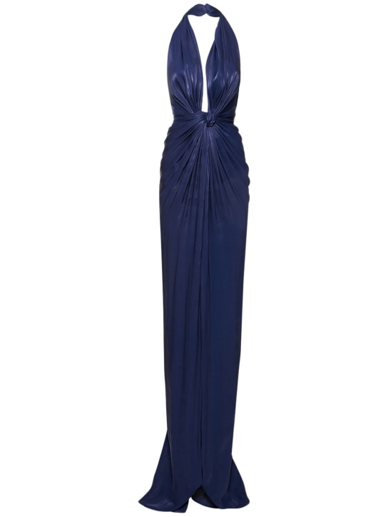 Costarellos: Vestido de georgette lúrex con lazo - Azul Oscuro - women_0 | Luisa Via Roma