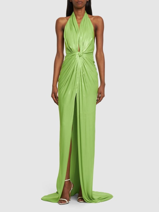 Costarellos: Colette lurex georgette knot h/neck gown - Light Green - women_1 | Luisa Via Roma