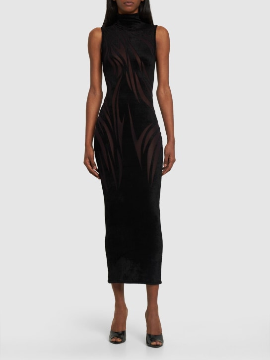 MUGLER: Velvet & tulle midi turtleneck dress - Black - women_1 | Luisa Via Roma