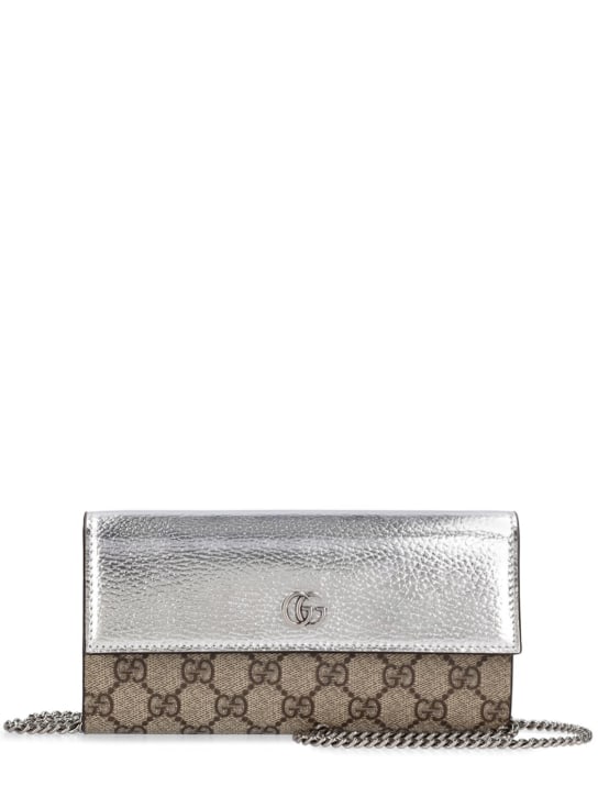 Gucci: Portefeuille à chaîne en cuir et toile GG Marmont - Ebony/Silver - women_0 | Luisa Via Roma