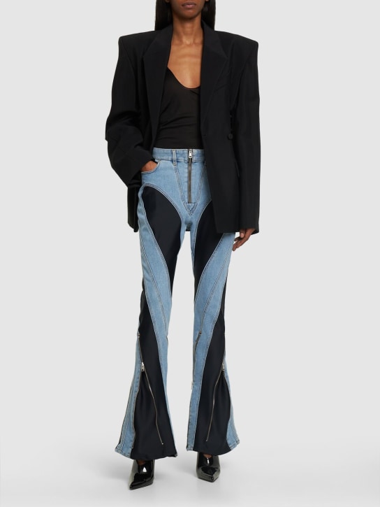 MUGLER: Spiral denim & jersey zip skinny jeans - Blue/Black - women_1 | Luisa Via Roma