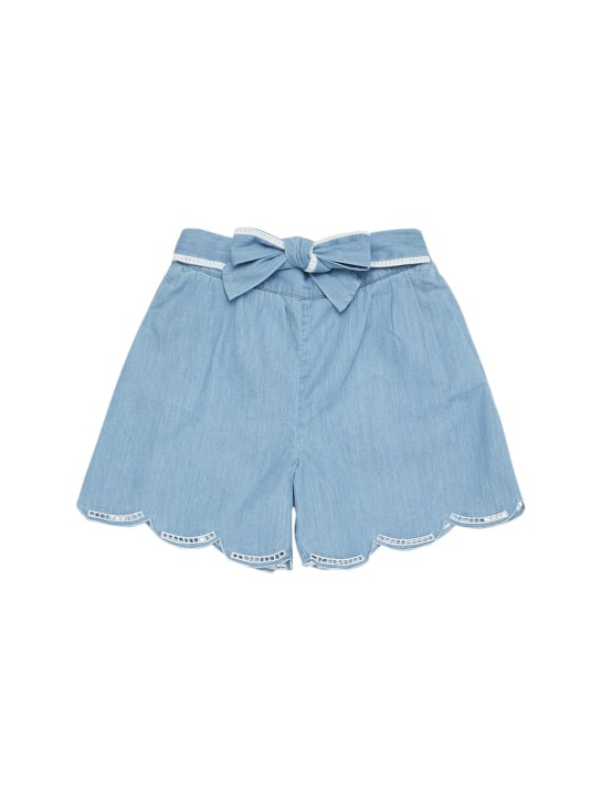 Chloé: Shorts de algodón con lazo - Denim Claro - kids-girls_0 | Luisa Via Roma
