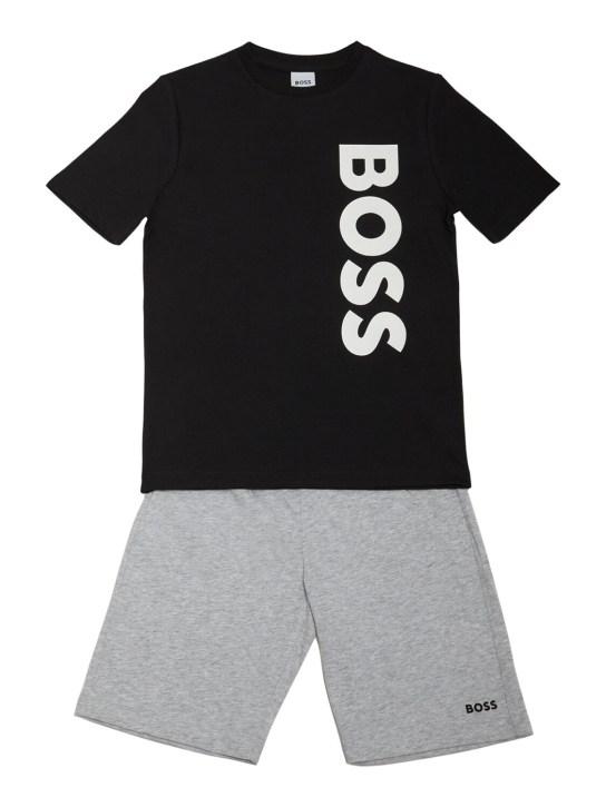 Boss: T-shirt e shorts in jersey di cotone - Nero/Grigio - kids-boys_0 | Luisa Via Roma