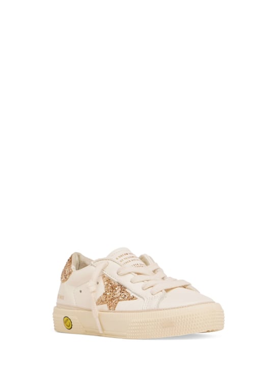 Golden Goose: May leather glitter lace-up sneakers - White/Gold - kids-girls_1 | Luisa Via Roma