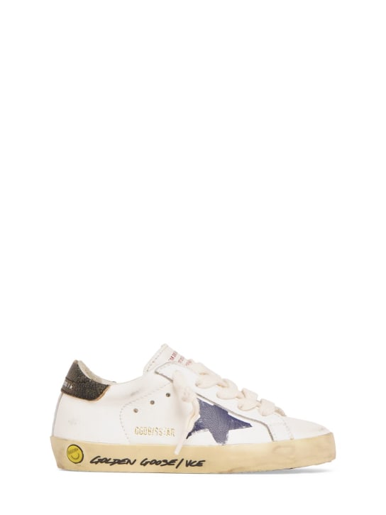 Golden Goose: Super-Star leather lace-up sneakers - White/Navy Blue - kids-girls_0 | Luisa Via Roma