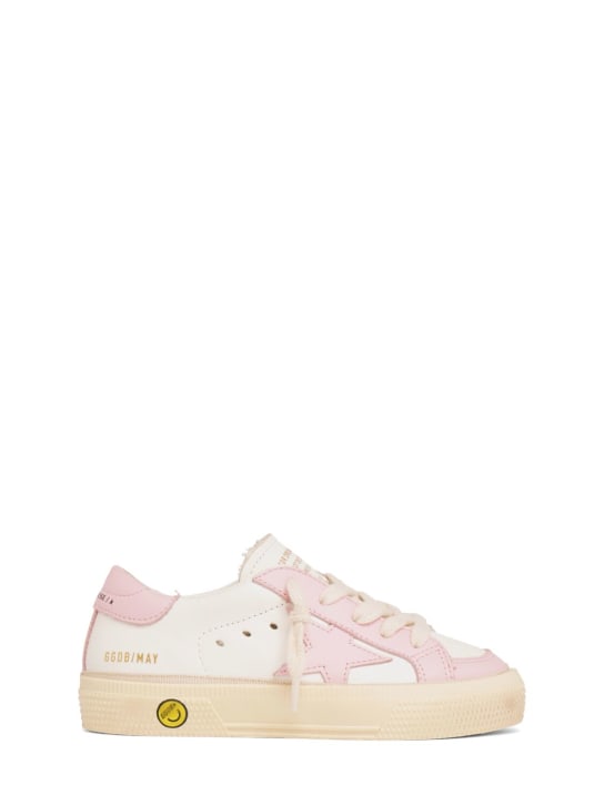 Golden Goose: May leather lace-up sneakers - White/Pink - kids-girls_0 | Luisa Via Roma