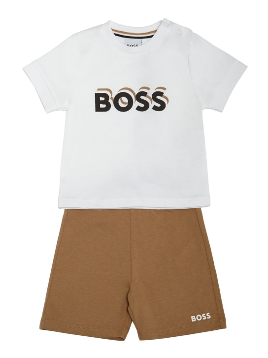 Boss: Camiseta y shorts de jersey de algodón - Blanco/Beige - kids-boys_0 | Luisa Via Roma