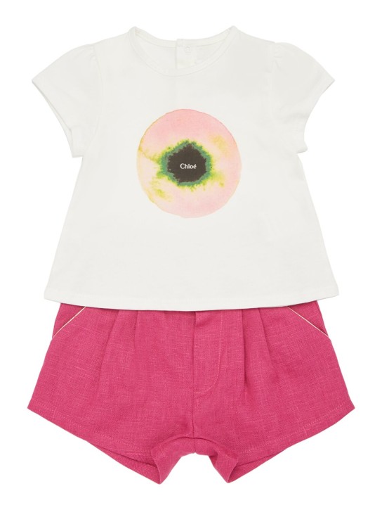 Chloé: T-Shirt aus Bio-Baumwolle und Leinenshorts - Weiß/Rosa - kids-girls_0 | Luisa Via Roma