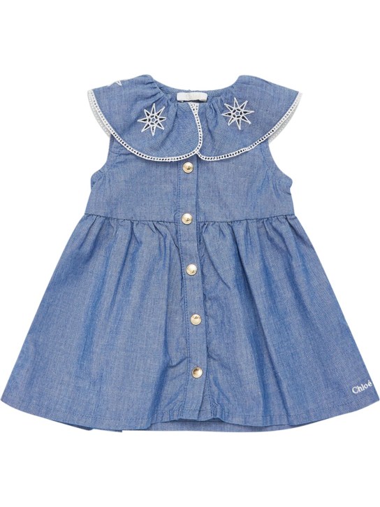 Chloé: Embroidered cotton dress - Denim - kids-girls_0 | Luisa Via Roma