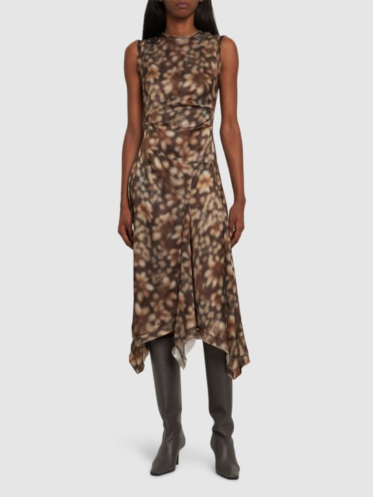 Acne Studios: Printed satin sleeveless midi dress - Brown/Beige - women_1 | Luisa Via Roma