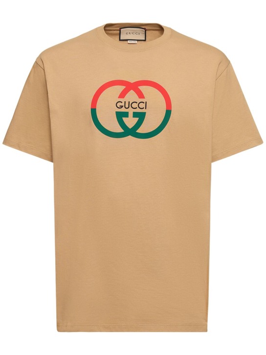 Gucci: T-Shirt aus Baumwolljersey „GG“ - Kamelhaarfarben - men_0 | Luisa Via Roma
