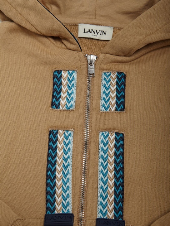 Lanvin: Sweat-shirt zippé en coton à capuche - Marron Clair - kids-boys_1 | Luisa Via Roma