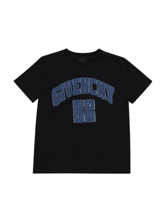 Givenchy: 데님 로고 코튼 저지 티셔츠 - 블랙 - kids-boys_0 | Luisa Via Roma