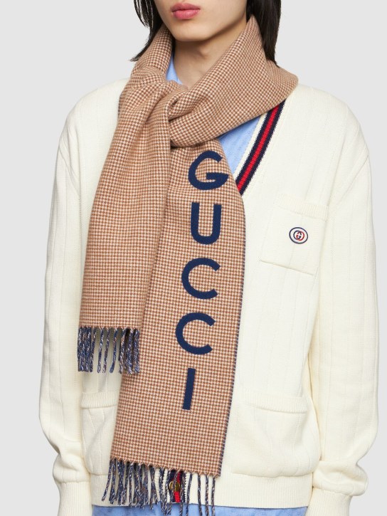 Gucci: Pied de poule wool blend scarf - Bluette/Ivory - men_1 | Luisa Via Roma
