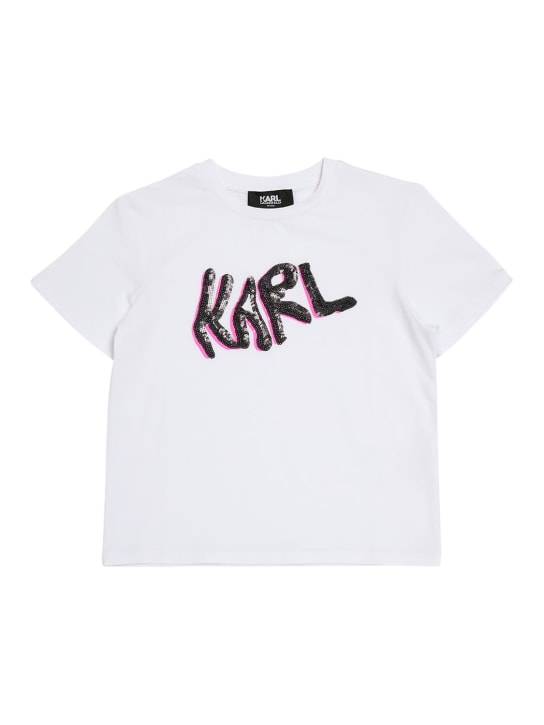 Karl Lagerfeld: Camiseta de jersey de algodón con decoraciones - Blanco - kids-girls_0 | Luisa Via Roma
