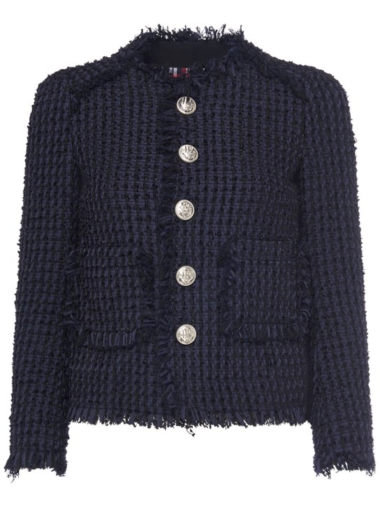 Dsquared2: Tweed bouclé collarless jacket - Black/Navy - women_0 | Luisa Via Roma