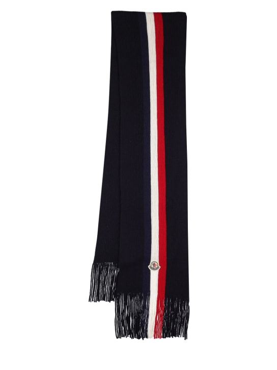 Moncler: Bufanda tricolor de lana extrafina - Azul Medianoche - men_0 | Luisa Via Roma