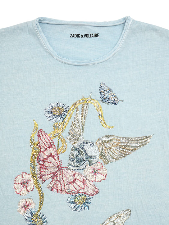 Zadig&Voltaire: Embellished garment dyed cotton t-shirt - Light Blue - kids-girls_1 | Luisa Via Roma