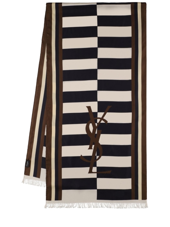 Saint Laurent: Logo striped silk scarf - Brown/Multi - men_0 | Luisa Via Roma