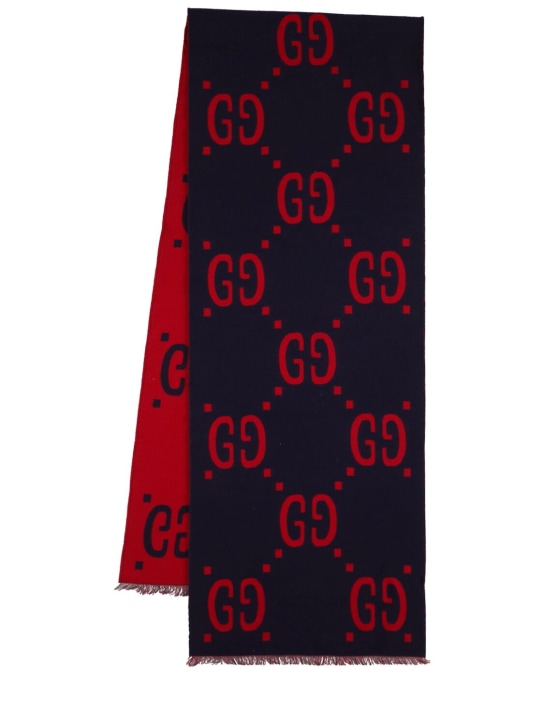 Gucci: GG Jacquard wool & silk scarf - Blue/Red - men_0 | Luisa Via Roma