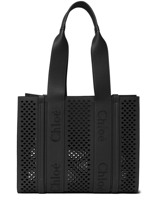 Chloé: Woody perforated grained leather bag - Black - women_0 | Luisa Via Roma