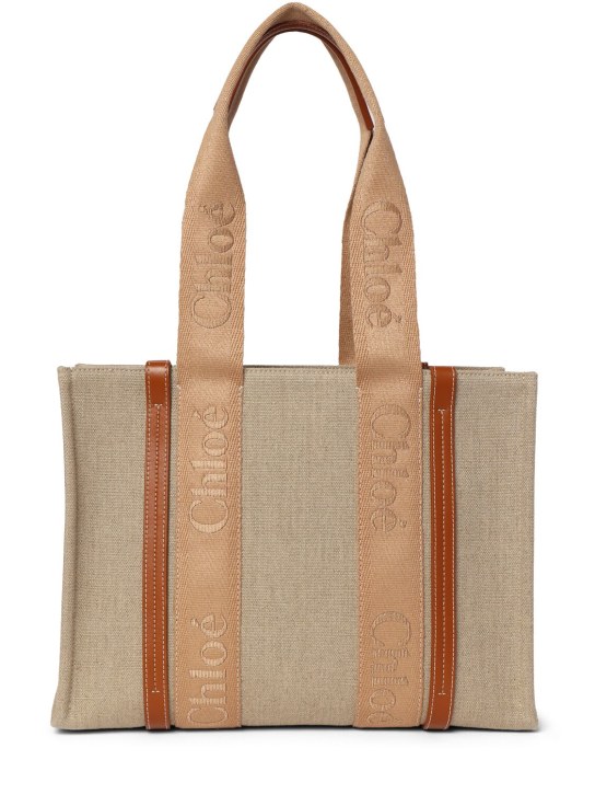 Chloé: Woody embroidered linen tote bag - Soft Tan - women_0 | Luisa Via Roma