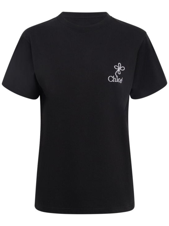 Chloé: Camiseta de jersey de algodón con logo - Negro - women_0 | Luisa Via Roma