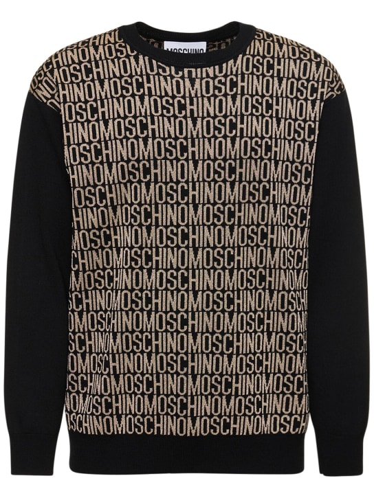 Moschino: Suéter de punto de lana con logo - Negro/Dorado - men_0 | Luisa Via Roma