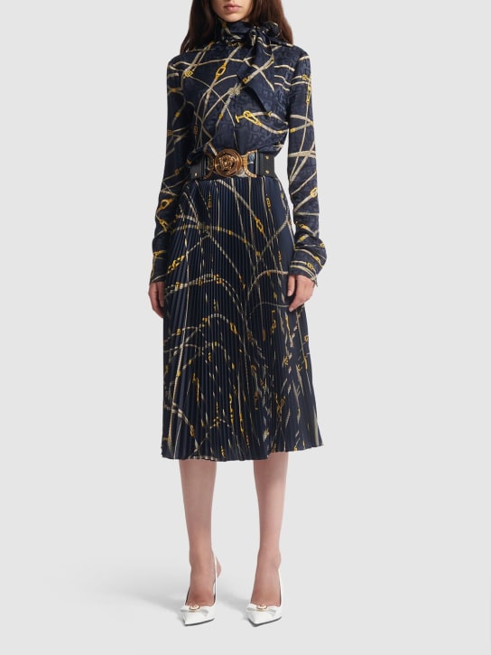 Versace: Falda midi de sarga con estampado - Multi/Navy - women_1 | Luisa Via Roma