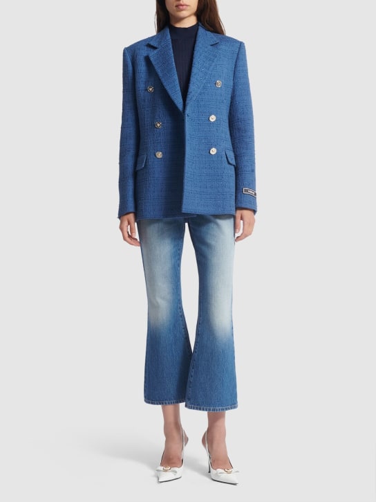 Versace: Blazer doppiopetto in tweed di misto cotone - Blu - women_1 | Luisa Via Roma