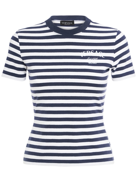 Versace: T-Shirt aus Baumwolljersey mit Logostreifen - Weiß/Navy - women_0 | Luisa Via Roma