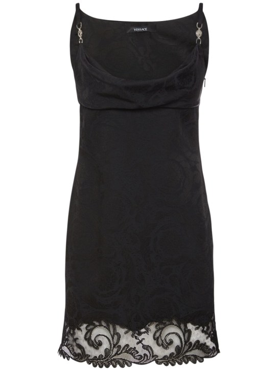 Versace: Draped satin & lace mini dress - Black - women_0 | Luisa Via Roma