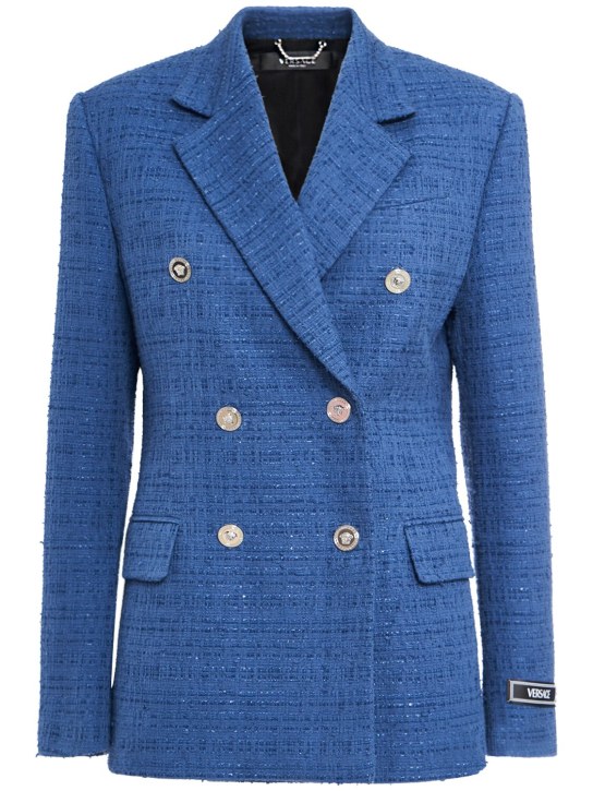 Versace: Blazer doppiopetto in tweed di misto cotone - Blu - women_0 | Luisa Via Roma
