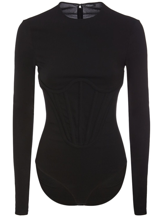Versace: Georgette long sleeved corset bodysuit - Black - women_0 | Luisa Via Roma