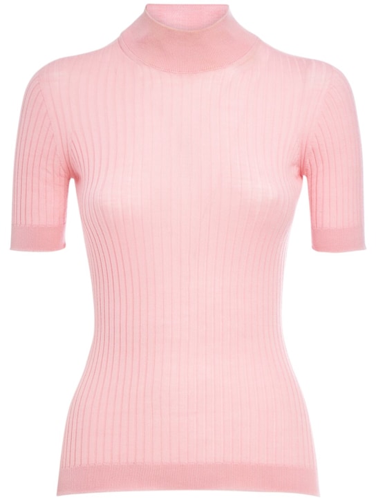 Versace: Short sleeve rib knit sweater - Pink - women_0 | Luisa Via Roma