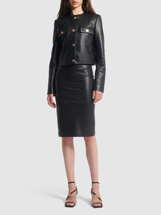 Versace: Shiny stretch leather midi skirt - Black - women_1 | Luisa Via Roma
