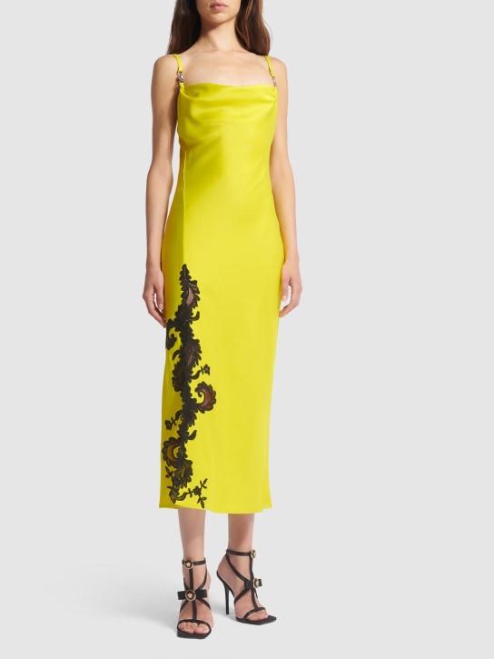 Versace: Satin & lace midi dress - Yellow - women_1 | Luisa Via Roma