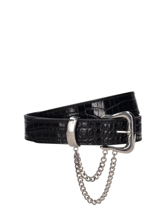 Alessandra Rich: Embossed leather belt w/ chain - Black/Silver - women_0 | Luisa Via Roma