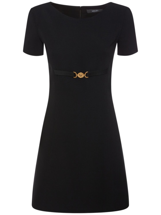 Versace: Stretch cady short sleeved mini dress - Black - women_0 | Luisa Via Roma