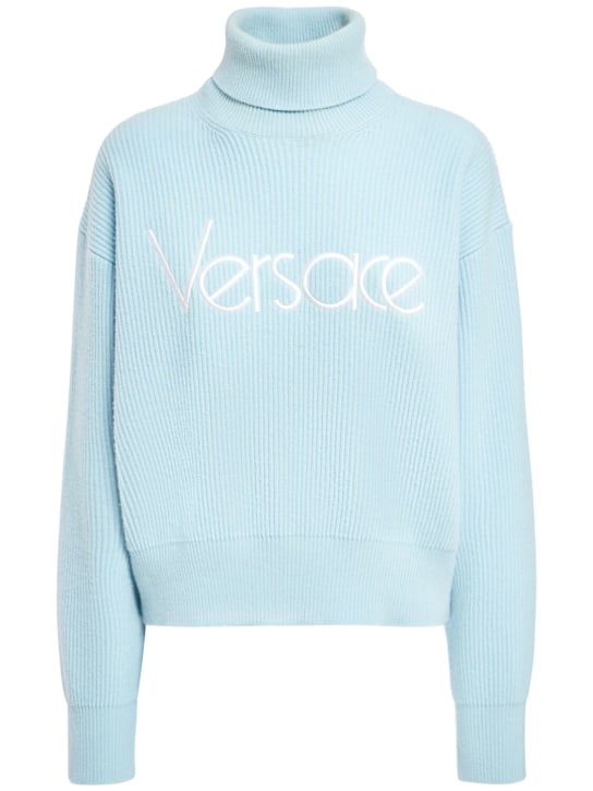 Versace: Logo rib knit turtleneck sweater - Light Blue - women_0 | Luisa Via Roma