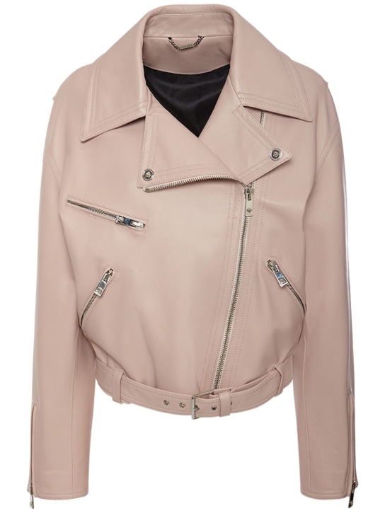 Versace: Belted leather biker jacket - Pink - women_0 | Luisa Via Roma