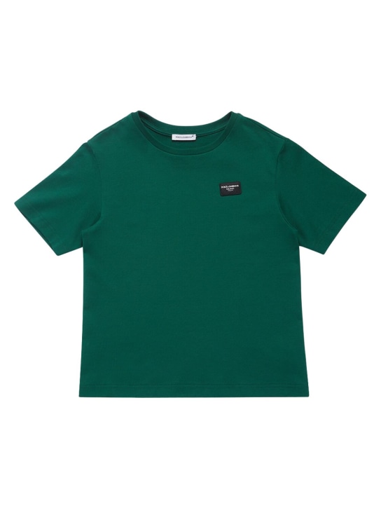 Dolce&Gabbana: Camiseta de jersey de algodón con logo bordado - Verde Oscuro - kids-girls_0 | Luisa Via Roma