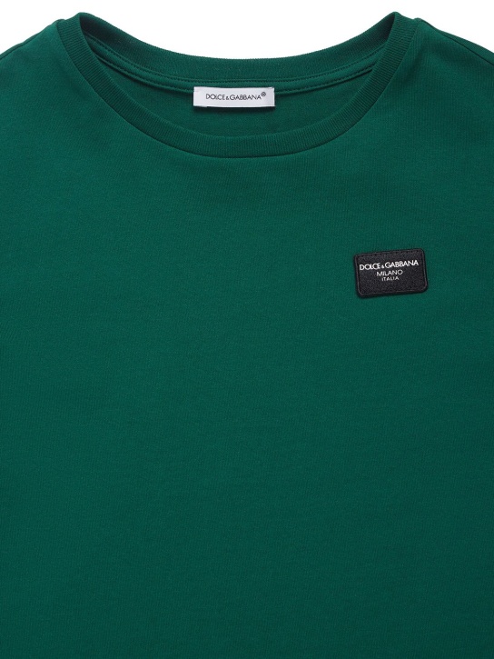 Dolce&Gabbana: Camiseta de jersey de algodón con logo bordado - Verde Oscuro - kids-girls_1 | Luisa Via Roma