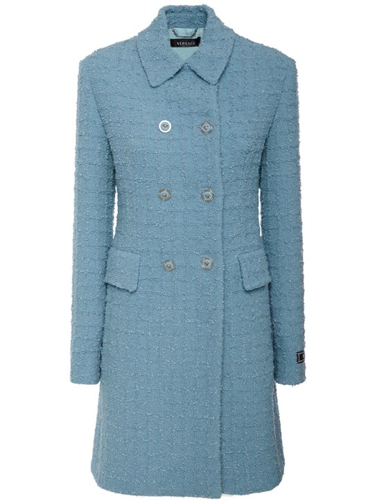 Versace: Zweireihiger Mantel aus Tweed - Hellblau - women_0 | Luisa Via Roma