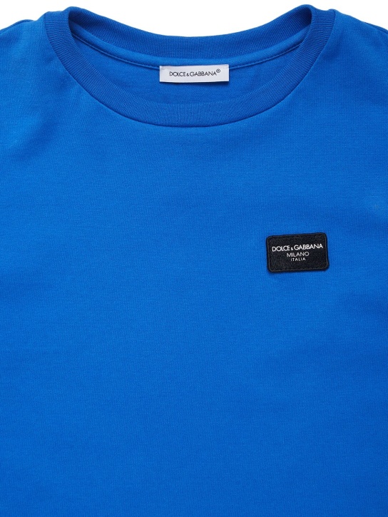 Dolce&Gabbana: Camiseta de jersey de algodón con logo bordado - Azul - kids-girls_1 | Luisa Via Roma