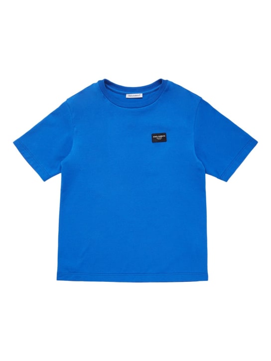Dolce&Gabbana: Camiseta de jersey de algodón con logo bordado - Azul - kids-girls_0 | Luisa Via Roma